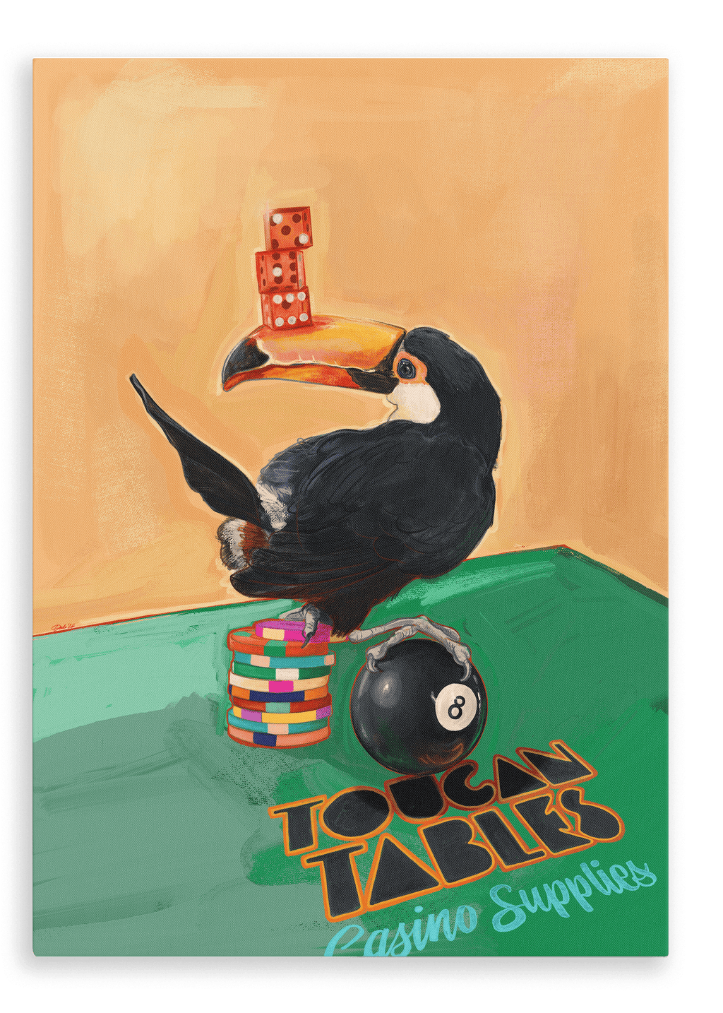 A toucan stands on poker chips and an eight ball, balancing red dice on its beak, with “Toucan Tables Casino Supplies” text on a green table surface in this Toucan Tables Giclée Canvas Print by Hôtel Dodo.