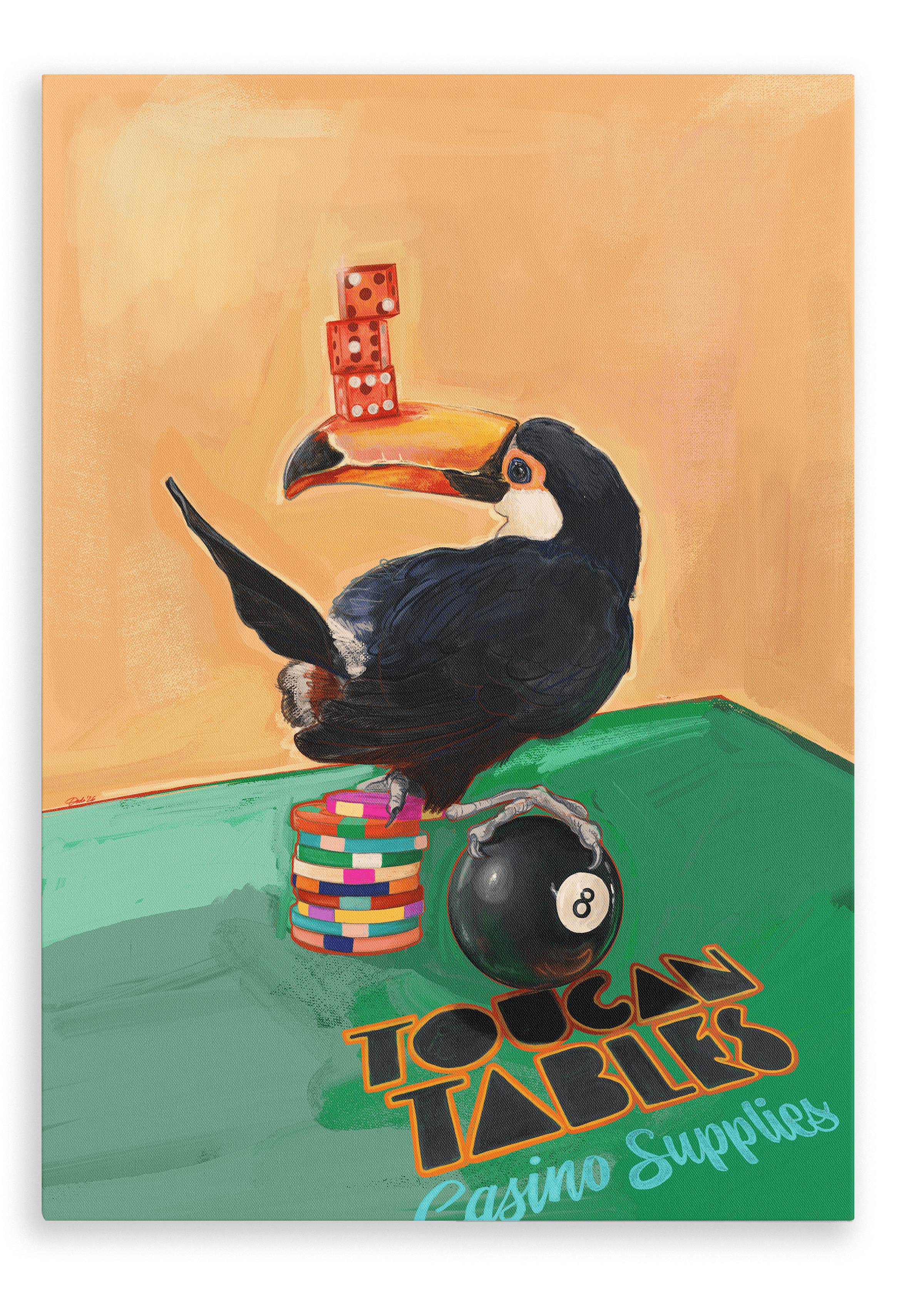A toucan stands on poker chips and an eight ball, balancing red dice on its beak, with “Toucan Tables Casino Supplies” text on a green table surface in this Toucan Tables Giclée Canvas Print by Hôtel Dodo.
