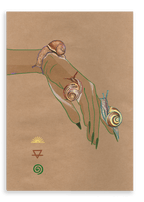 The "Spring Snails Matte Canvas Print" by Beauty and the Beastie features a hand with three spiral-patterned snails on a brown background, enhanced with geometric and spiral symbols.