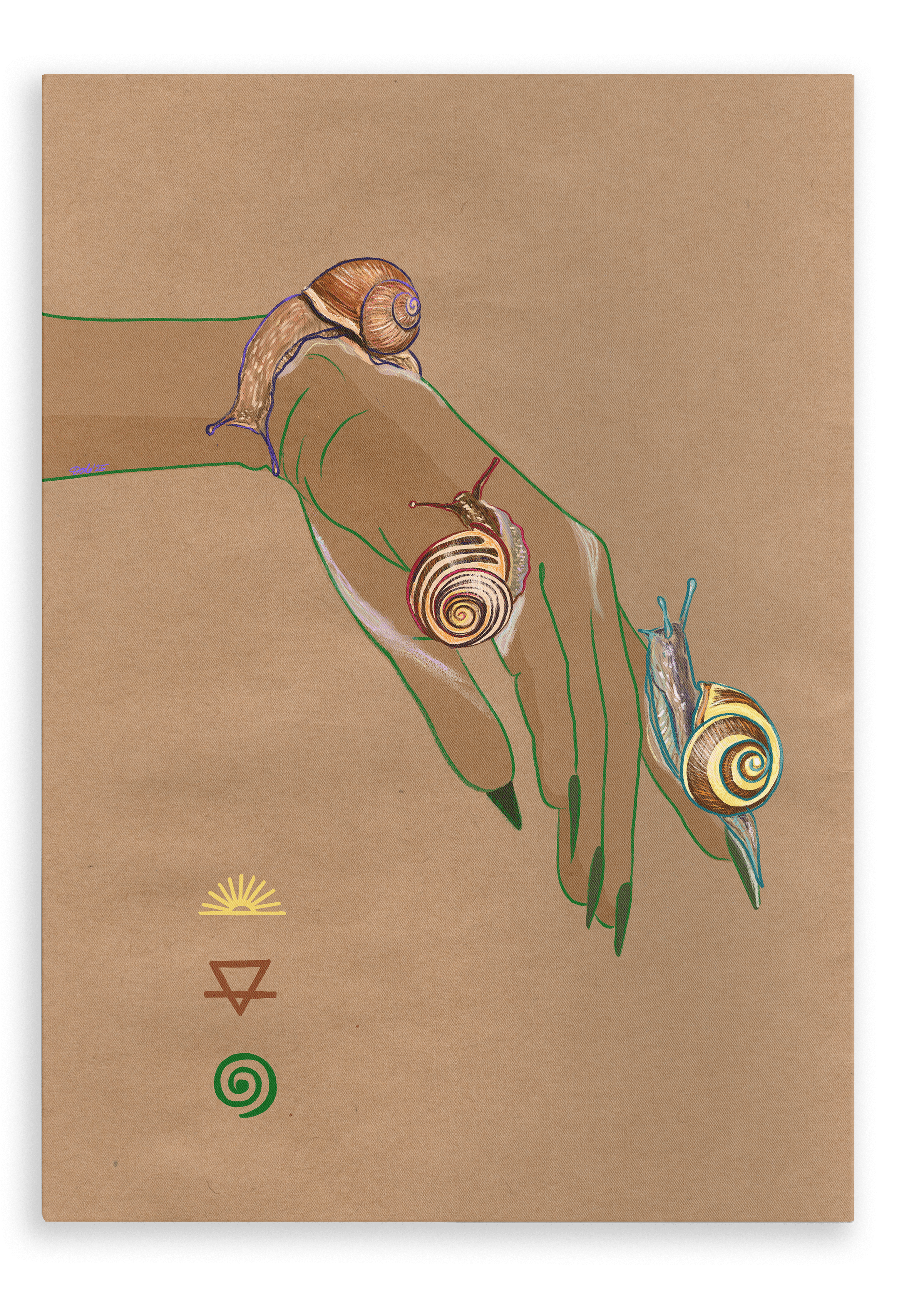 The "Spring Snails Matte Canvas Print" by Beauty and the Beastie features a hand with three spiral-patterned snails on a brown background, enhanced with geometric and spiral symbols.