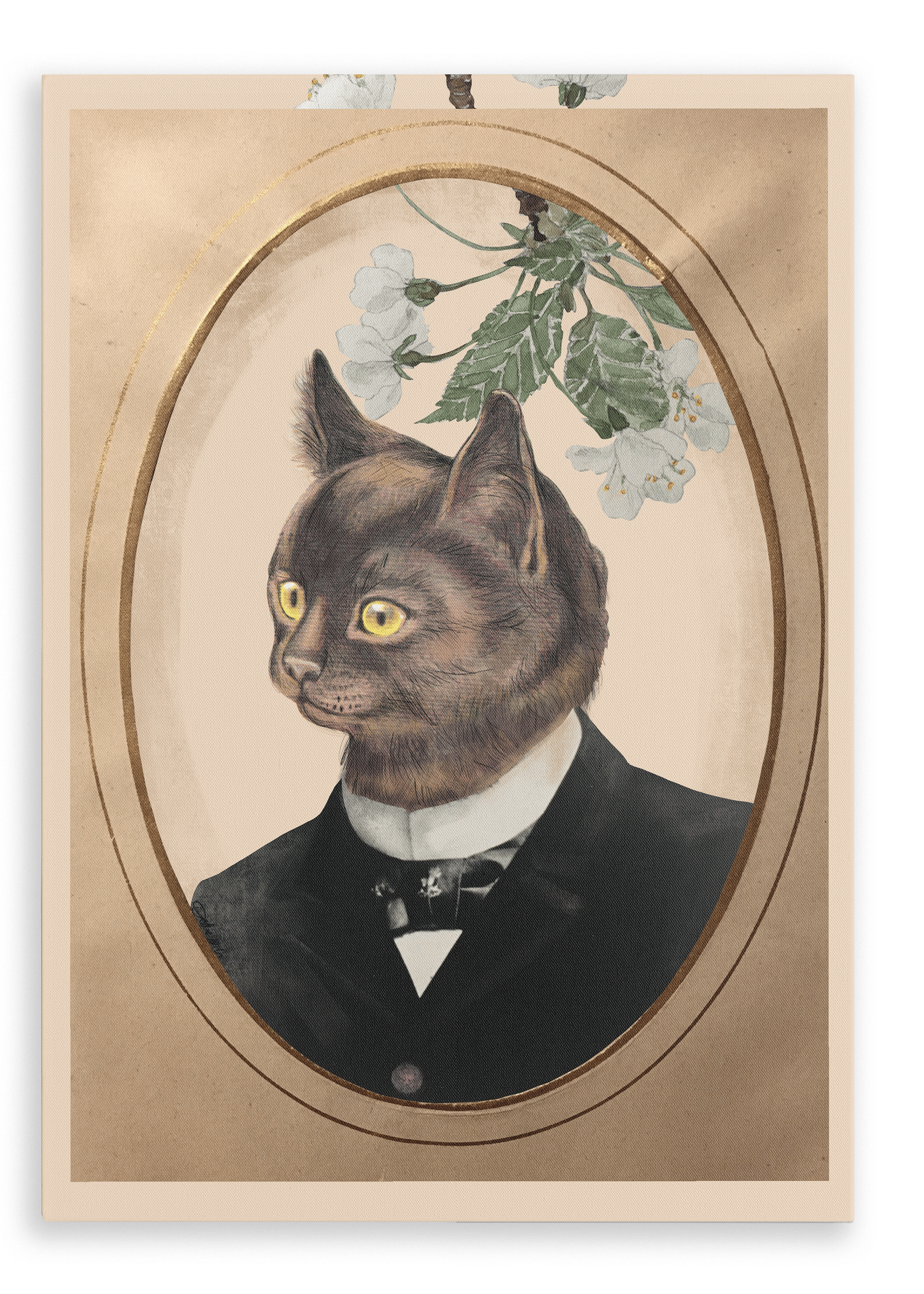 The “Cat In A Suit Canvas Print” by Animals In Suits features an elegant portrait of a cat with yellow eyes, smartly dressed in a black suit and bow tie. The backdrop evokes a vintage botanical illustration, adorned with white flowers and lush green leaves to complete the refined composition.