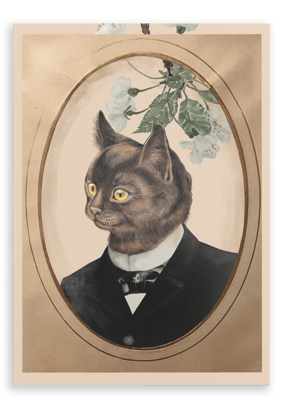The “Cat In A Suit Canvas Print” by Animals In Suits features an elegant portrait of a cat with yellow eyes, smartly dressed in a black suit and bow tie. The backdrop evokes a vintage botanical illustration, adorned with white flowers and lush green leaves to complete the refined composition.
