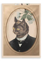 The “Cat In A Suit Canvas Print” by Animals In Suits features an elegant portrait of a cat with yellow eyes, smartly dressed in a black suit and bow tie. The backdrop evokes a vintage botanical illustration, adorned with white flowers and lush green leaves to complete the refined composition.