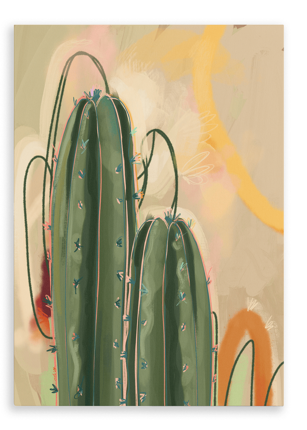 The "Saguaro Sundown Giclée Canvas Print" by Heat Flares features a digital illustration of three green cacti with long, thin spines set against a blurred, pastel background of beige, pink, and yellow hues.