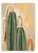 The "Saguaro Sundown Giclée Canvas Print" by Heat Flares features a digital illustration of three green cacti with long, thin spines set against a blurred, pastel background of beige, pink, and yellow hues.