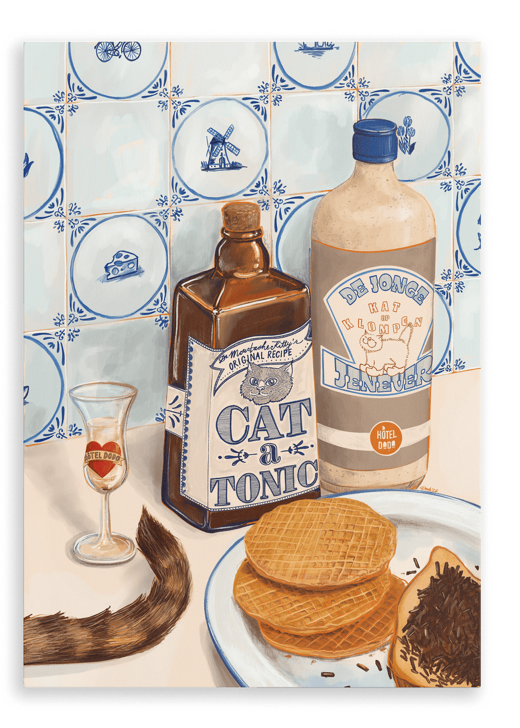 Sure! Here’s a rewritten sentence using the provided product data: The “Dutch Courage Giclée Canvas Print” by Hôtel Dodo features a still life with a whimsical “Cat Tonic” bottle, a Dutch gin and juniper-infused jenever bottle, glassware, a cat’s tail, traditional stroopwafels, chocolate sprinkles on bread, and a Delft blue tile background.