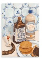 Sure! Here’s a rewritten sentence using the provided product data: The “Dutch Courage Giclée Canvas Print” by Hôtel Dodo features a still life with a whimsical “Cat Tonic” bottle, a Dutch gin and juniper-infused jenever bottle, glassware, a cat’s tail, traditional stroopwafels, chocolate sprinkles on bread, and a Delft blue tile background.