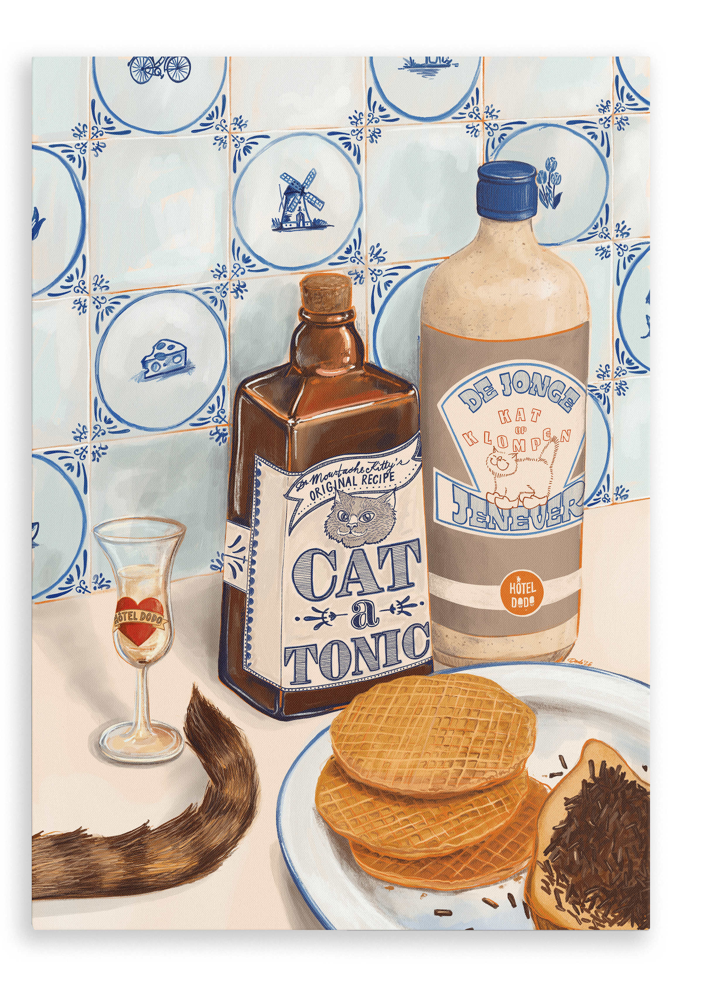 Sure! Here’s a rewritten sentence using the provided product data: The “Dutch Courage Giclée Canvas Print” by Hôtel Dodo features a still life with a whimsical “Cat Tonic” bottle, a Dutch gin and juniper-infused jenever bottle, glassware, a cat’s tail, traditional stroopwafels, chocolate sprinkles on bread, and a Delft blue tile background.