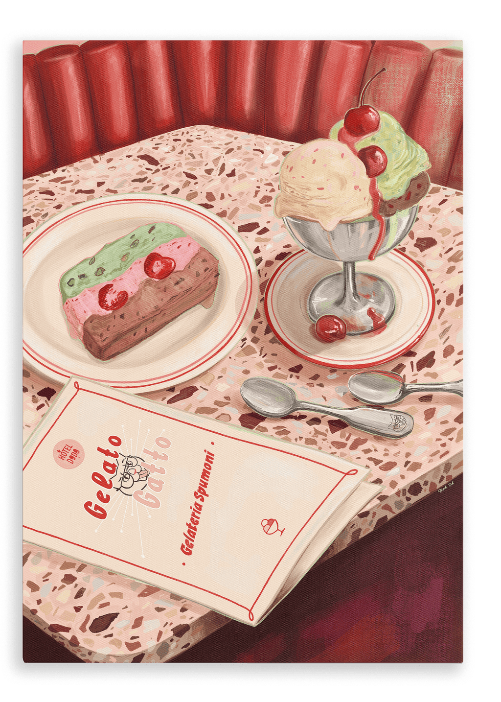 A Gelato Gatto Giclée Canvas Print by Hôtel Dodo is displayed on a terrazzo table alongside a layered ice cream dessert, a sundae glass with three scoops of ice cream and cherries, two spoons, and a menu.