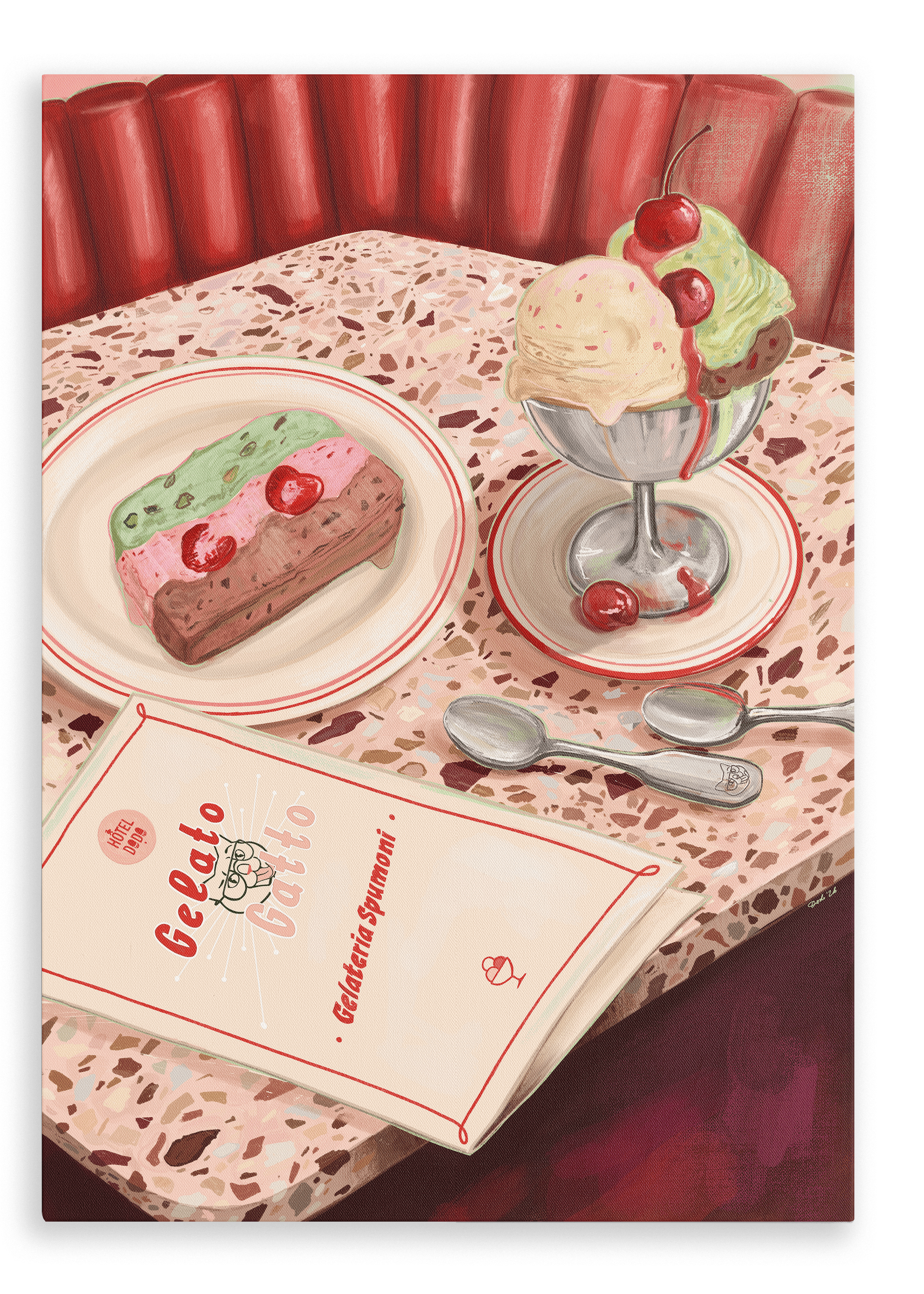 A Gelato Gatto Giclée Canvas Print by Hôtel Dodo is displayed on a terrazzo table alongside a layered ice cream dessert, a sundae glass with three scoops of ice cream and cherries, two spoons, and a menu.