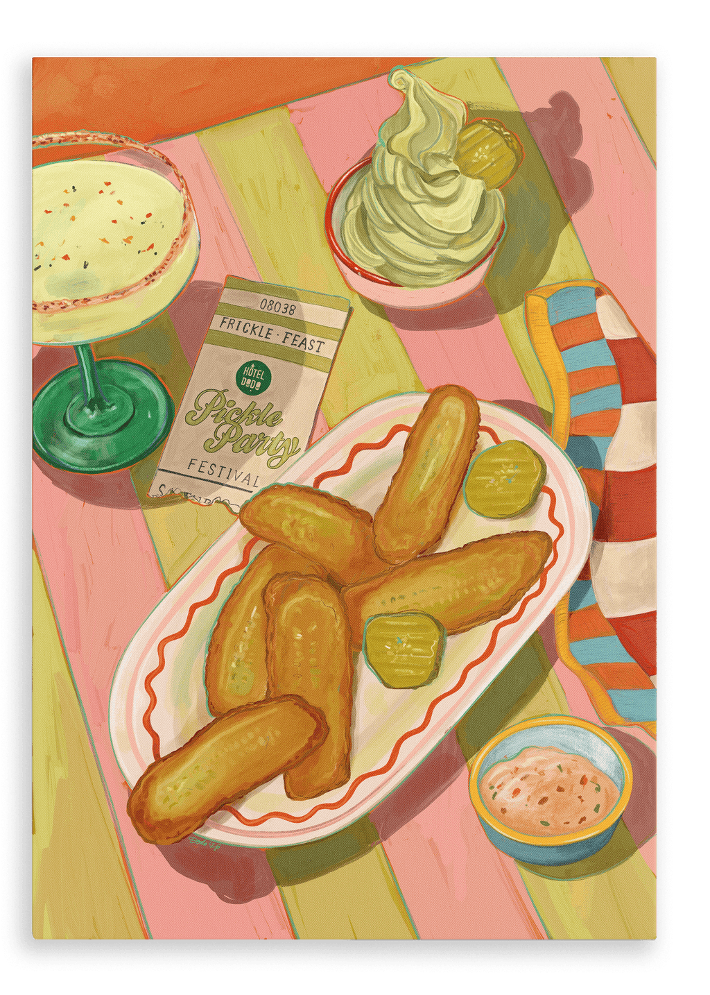 A vibrant Frickle Feast Giclée Canvas Print by Hôtel Dodo captures a plate of fried pickles with pickle slices, dipping sauce, a drink, ice cream, striped napkin, and festival ticket on a colorful striped table—perfect for Pickle Festival celebrations.