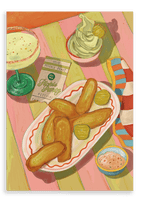 A vibrant Frickle Feast Giclée Canvas Print by Hôtel Dodo captures a plate of fried pickles with pickle slices, dipping sauce, a drink, ice cream, striped napkin, and festival ticket on a colorful striped table—perfect for Pickle Festival celebrations.