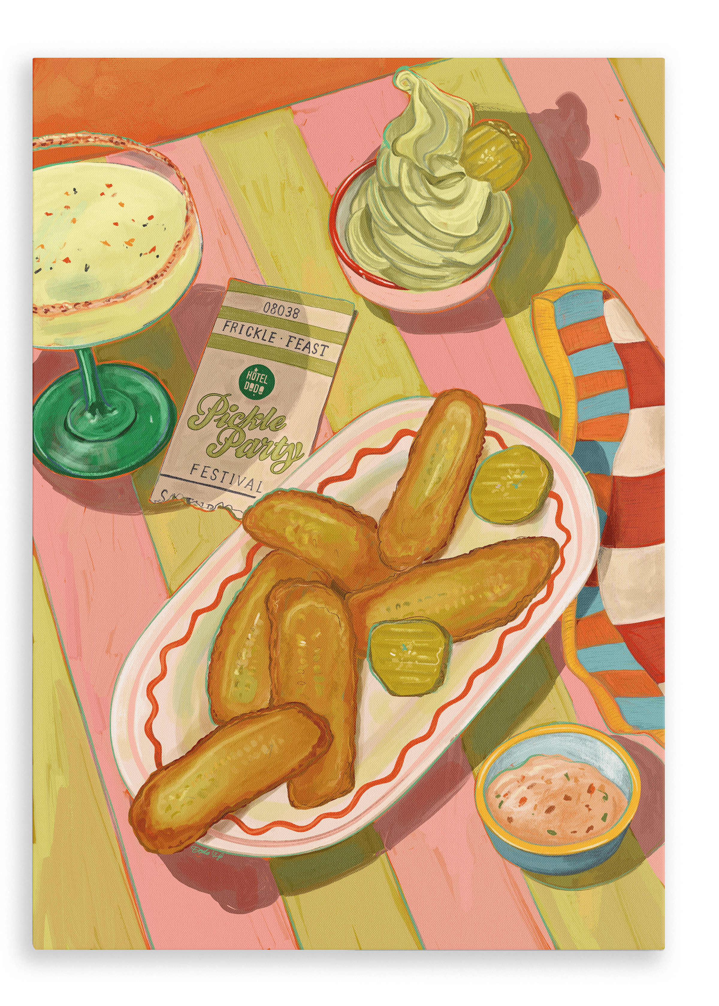 A vibrant Frickle Feast Giclée Canvas Print by Hôtel Dodo captures a plate of fried pickles with pickle slices, dipping sauce, a drink, ice cream, striped napkin, and festival ticket on a colorful striped table—perfect for Pickle Festival celebrations.