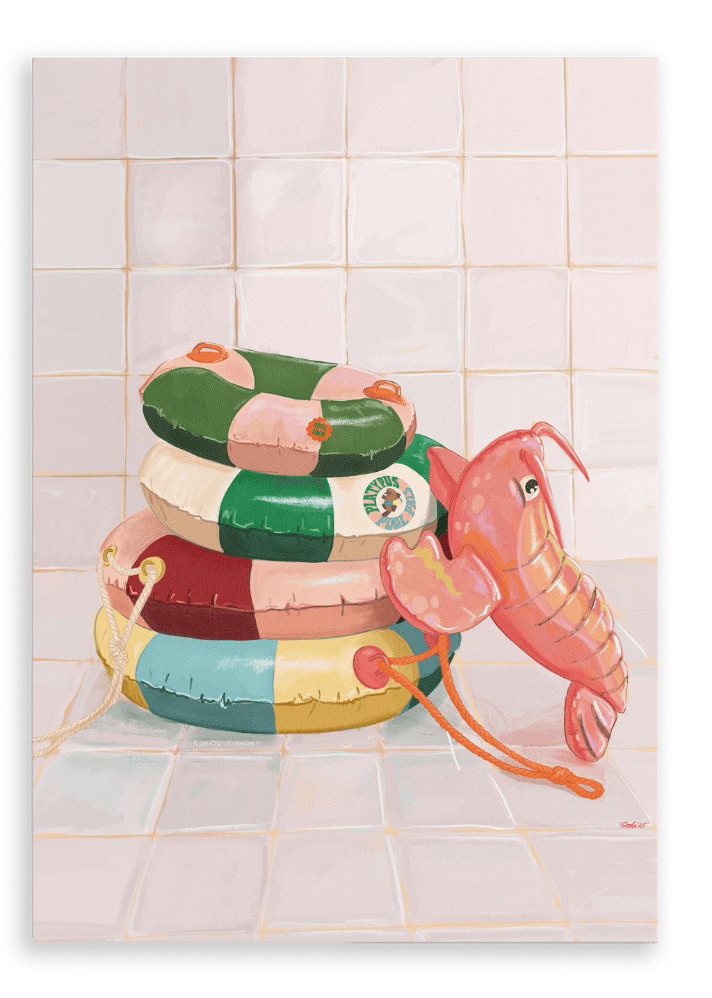 Three vibrant pool floats—including a pink elephant-shaped float and brightly striped rings—are stacked against a tiled wall on a white tiled floor, creating a playful scene evocative of Hôtel Dodo’s Platypus Pool Pals Giclée Canvas Print and classic inflatable pool rings.