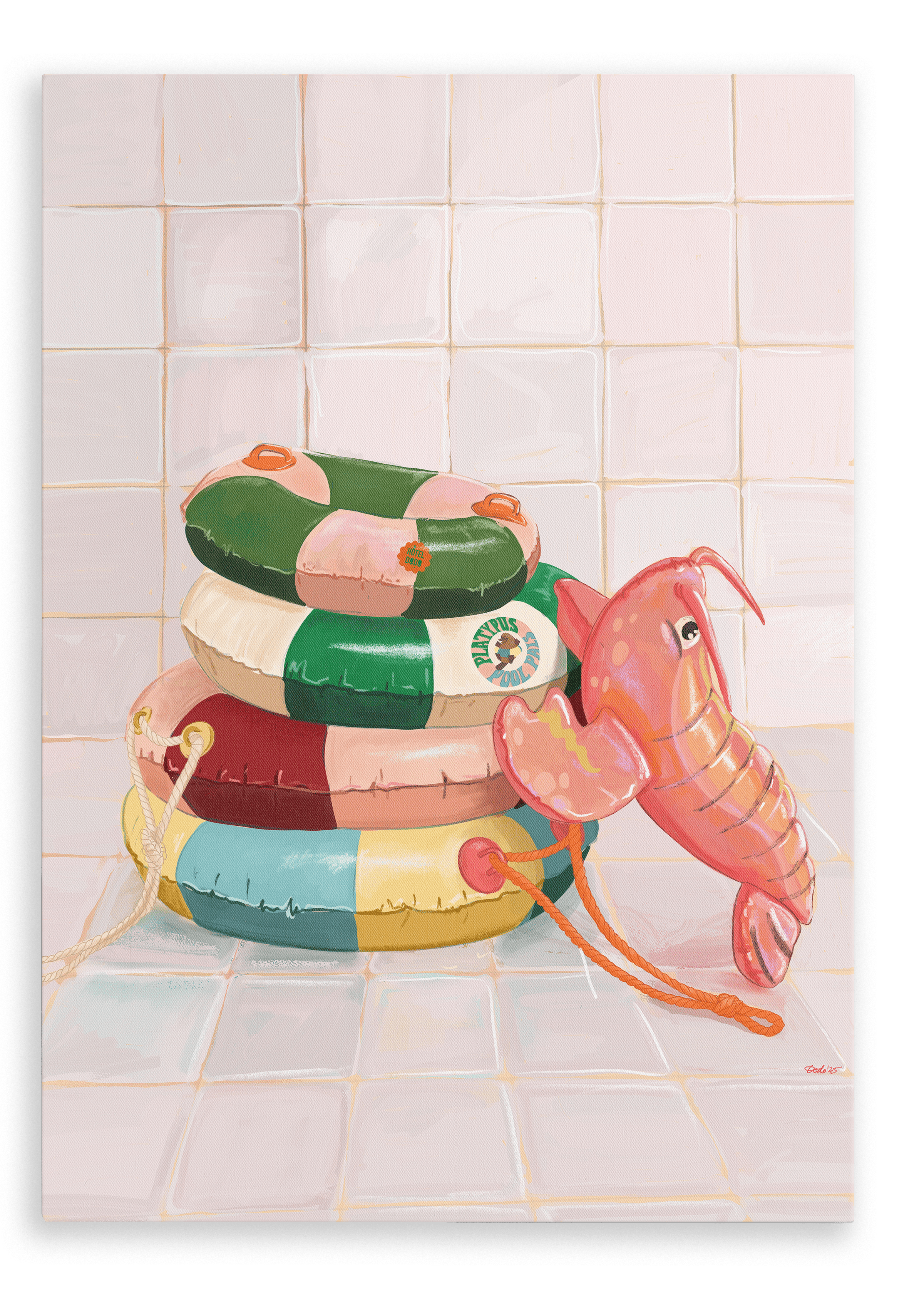 Three vibrant pool floats—including a pink elephant-shaped float and brightly striped rings—are stacked against a tiled wall on a white tiled floor, creating a playful scene evocative of Hôtel Dodo’s Platypus Pool Pals Giclée Canvas Print and classic inflatable pool rings.