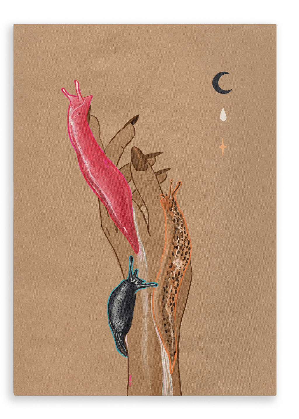 The Midnight Slugs Matte Canvas Print by Beauty and the Beastie shows a hand with long nails holding three vibrant slugs—Black Arion, leopard slug, and Australian pink slug—with celestial accents on a brown background.