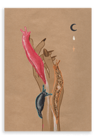 The Midnight Slugs Matte Canvas Print by Beauty and the Beastie shows a hand with long nails holding three vibrant slugs—Black Arion, leopard slug, and Australian pink slug—with celestial accents on a brown background.