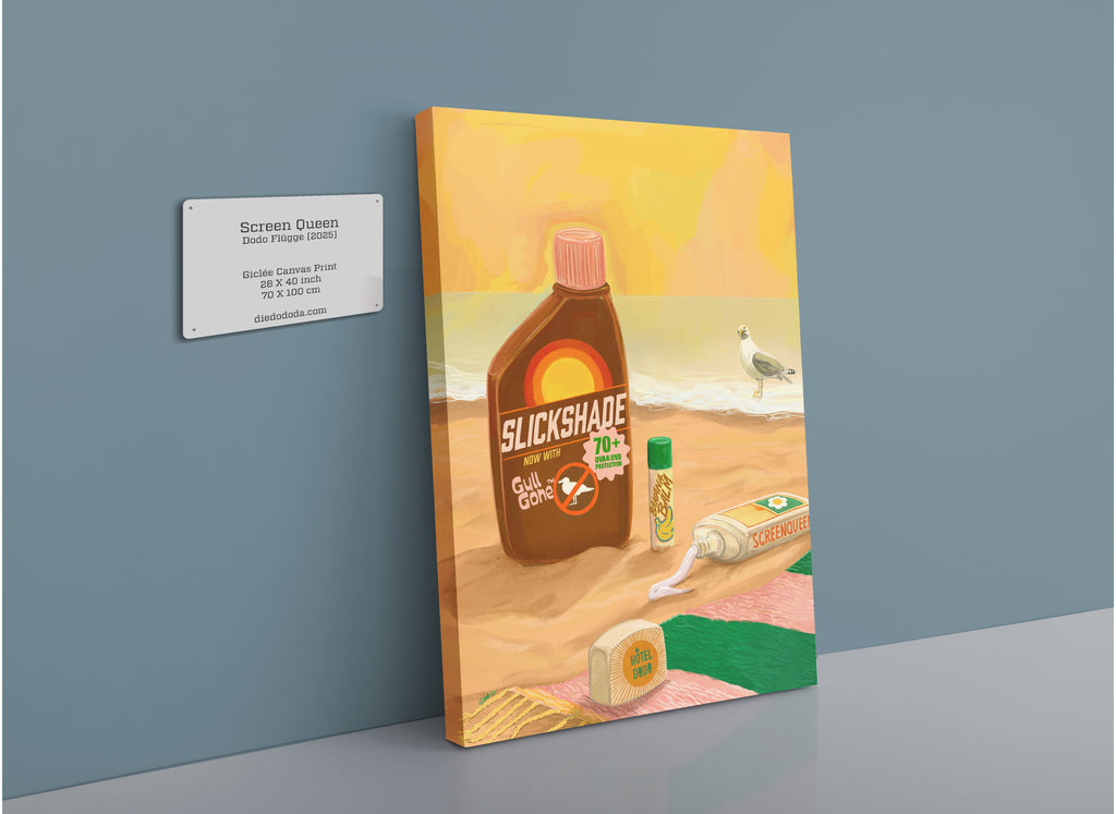 A vibrant Screen Queen Giclée Canvas Print by Hôtel Dodo depicting sunscreen and beach essentials on sandy shores, showcased on a gray wall next to a sign featuring SPF information and GullGone for ultimate seagull protection.