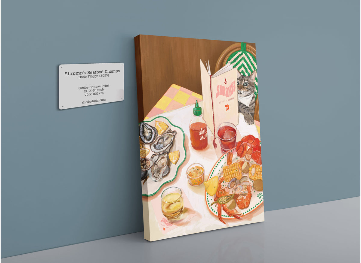 A vibrant painting featuring seafood, oysters, corn, drinks, and condiments—capturing the lively mood of a seafood boil—is presented on a gray wall alongside a sign that says “Shrumpy’s Seafood Champs.” This artwork is the Shromp’s Seafood Chomps Giclée Canvas Print by Hôtel Dodo.