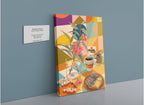 The Koala Kafé Giclée Canvas Print by Hôtel Dodo features a vibrant retro Australiana scene, with a cozy table set with coffee, a plant, assorted desserts—including the classic Lamington cake—candies, and a charming small koala figurine beside a metal information plaque, all set against a blue wall reminiscent of the inviting ambiance at Koala Kafé.