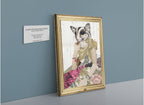 The “Lady Promqueen Glider Canvas Print” by Animals In Suits features a distinctive collage artwork of a human figure with a sugar glider’s head in a dress, resting an arm on a floral surface next to an informational plaque against a blue wall. Blending vintage botanical illustrations with creative collage techniques, this imaginative piece offers a richly textured visual narrative.