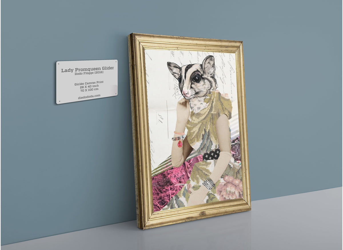 The “Lady Promqueen Glider Canvas Print” by Animals In Suits features a distinctive collage artwork of a human figure with a sugar glider’s head in a dress, resting an arm on a floral surface next to an informational plaque against a blue wall. Blending vintage botanical illustrations with creative collage techniques, this imaginative piece offers a richly textured visual narrative.