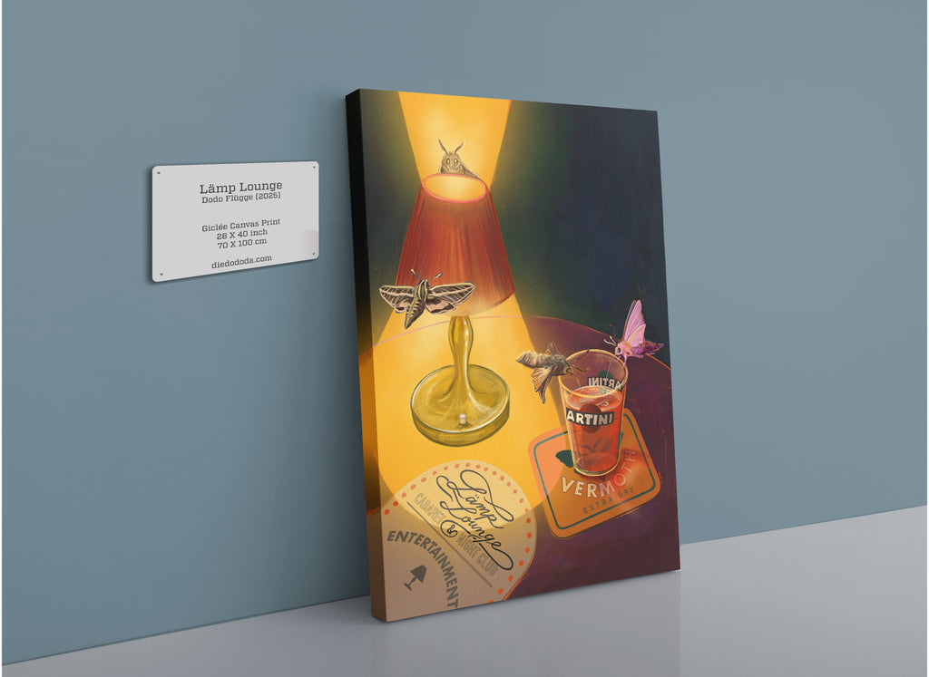 The Lamp Lounge Giclée Canvas Print by Hôtel Dodo shows a lamp with fluttering moths, a "VERMOUTH" cocktail glass, and entertainment-themed coasters against a blue wall with an informational plaque.
