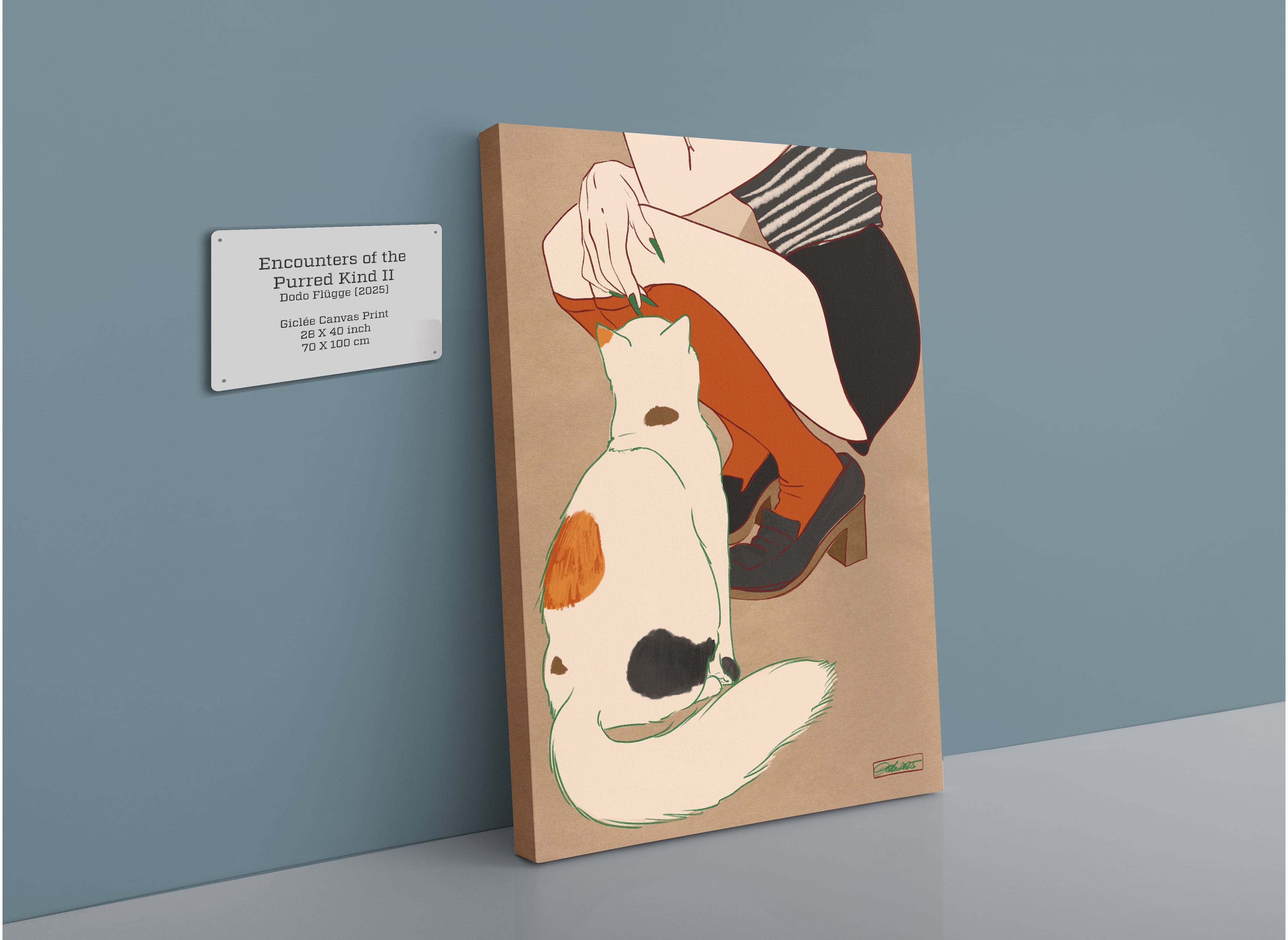 The Beauty and the Beastie "Encounters of the Purred Kind II" Matte Canvas Print features a striped-shirted person in orange socks sitting next to a calico cat, with an artwork details plaque on the left.