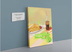 The Chlorine Cowboys Giclée Canvas Print by Hôtel Dodo features an evocative scene of fries with ketchup, a Coca-Cola bottle, and a neon green toy gun arranged on a yellow table—capturing the nostalgic essence of summer childhood memories—and is presented in a gallery setting with a wall label to the left.