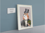 A Fox In A Suit Canvas Print by Animals In Suits hangs on a blue wall beside a plaque detailing the artwork and artist, lending the space an atmosphere reminiscent of vintage botanical art.