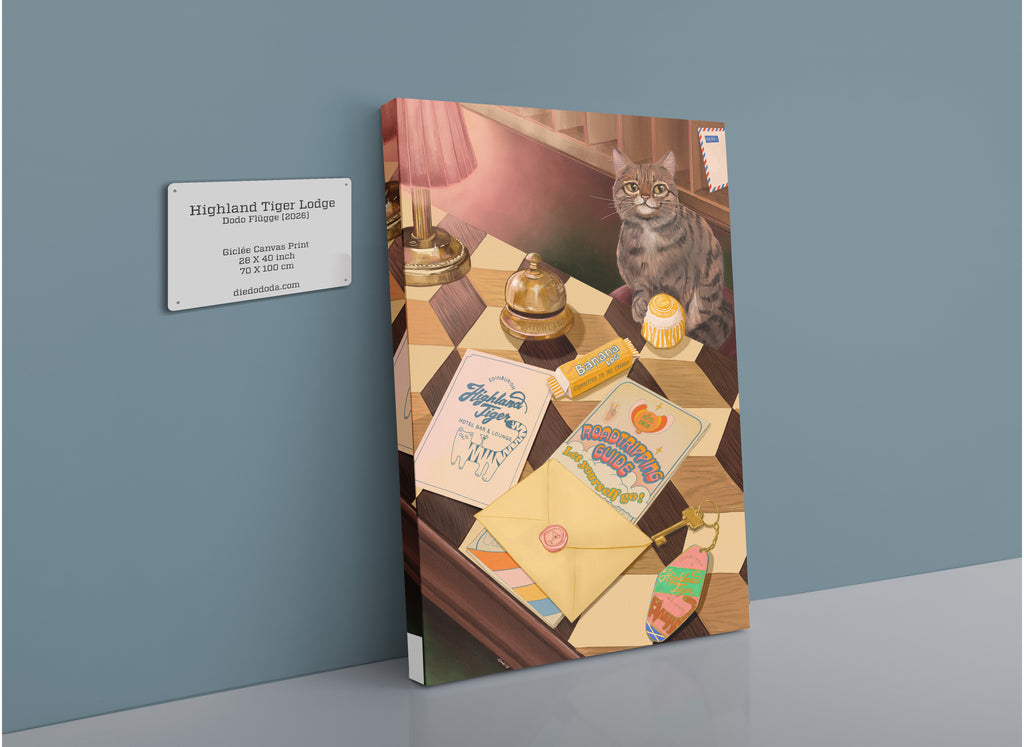 The Highland Tiger Lodge Giclée Canvas Print by Hôtel Dodo features a charming painting of a tabby cat sitting on a desk surrounded by letters, stationery, a cupcake, and various small items, shown displayed on a wall next to an exhibit information plaque.