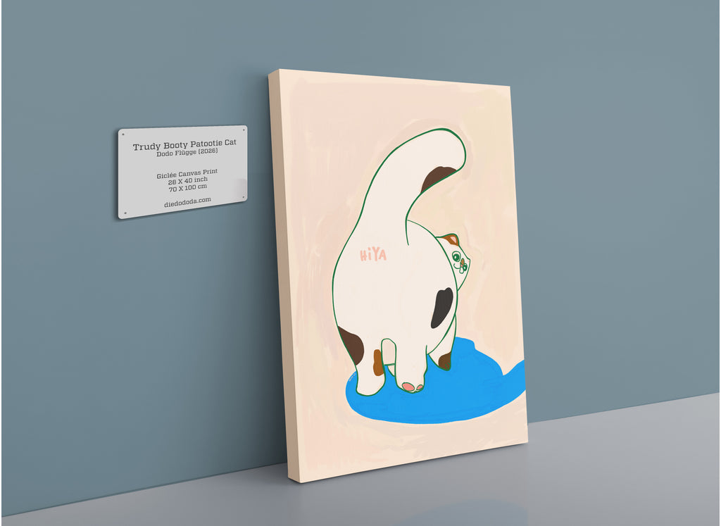 The “Trudy Booty Patootie Cat Matte Canvas Print” by Sketchy Strays features a cat with its back turned, tail raised, and “HI YA” written on its back, standing on a blue puddle against a beige background; the artwork is displayed on a wall with a plaque.