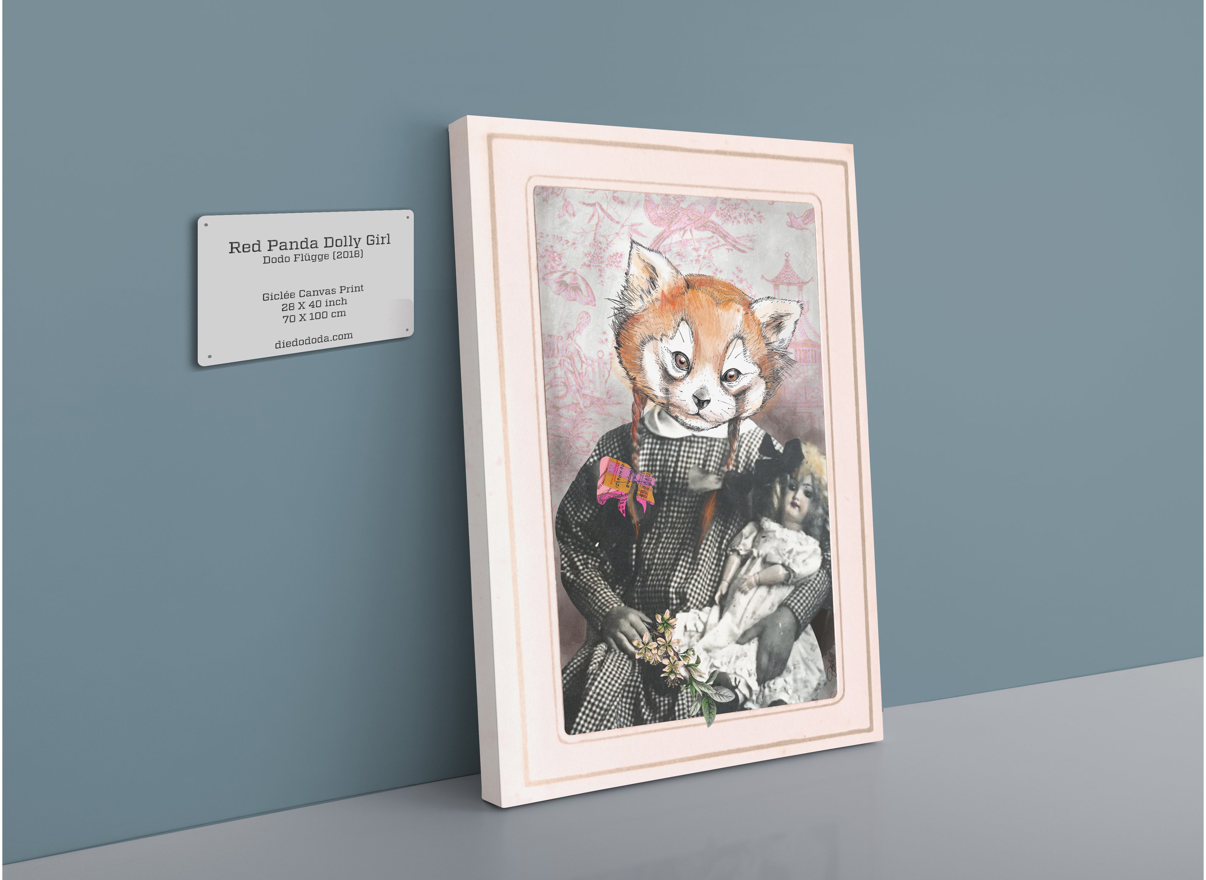 The Red Panda Dolly Girl Canvas Print by Animals In Suits features an anthropomorphic red panda dressed in elegant Victorian attire and holding a doll, capturing the whimsical charm of the Red Panda Dolly Girl. Displayed with an identifying label, this captivating addition to the Animals In Suits collection evokes the timeless elegance of vintage botanical illustrations.