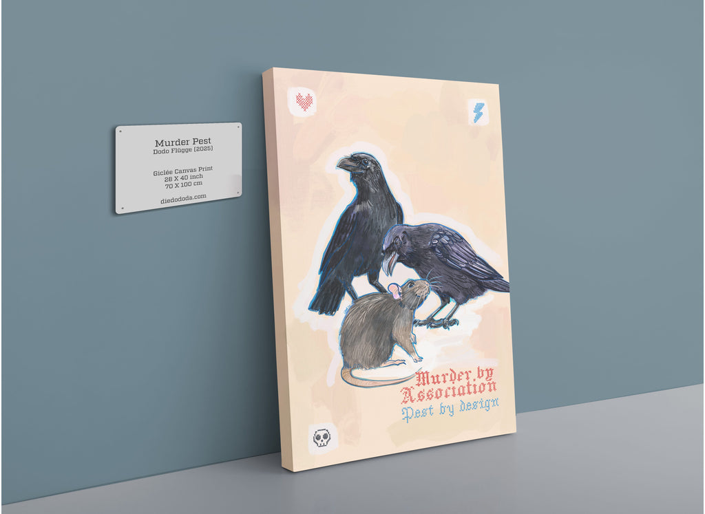 A matte canvas print by International Pestsellers, titled “Murder Pest,” hangs on a gray wall depicting two crows standing over a rat, accompanied by a plaque with artwork details and exploring themes of urban pests and intricate natural relationships.