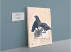 A matte canvas print by International Pestsellers, titled “Murder Pest,” hangs on a gray wall depicting two crows standing over a rat, accompanied by a plaque with artwork details and exploring themes of urban pests and intricate natural relationships.