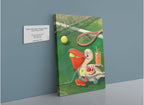 The Petit Pélican Tennis Club Giclée Canvas Print by Hôtel Dodo features a whimsical cartoon pelican on a tennis court, surrounded by a racket, tennis ball, Pimm’s and lemonade, strawberries and cream—capturing the quintessential charm of a classic tennis club. Beside the artwork is a wall plaque displaying its title and details.