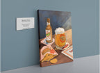 The Beastie Bräu Giclée Canvas Print by Hôtel Dodo features a vibrant scene of a beer bottle, a frothy mug of beer, potato chips, and coasters arranged on a table, set against a gray wall with an informational plaque positioned to the left.