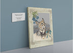 A Bobcat In A Suit Canvas Print from Animals In Suits is showcased on the wall beside a plaque displaying the artwork’s title and details, combining whimsical bobcat art with the elegant look of vintage botanical illustrations.