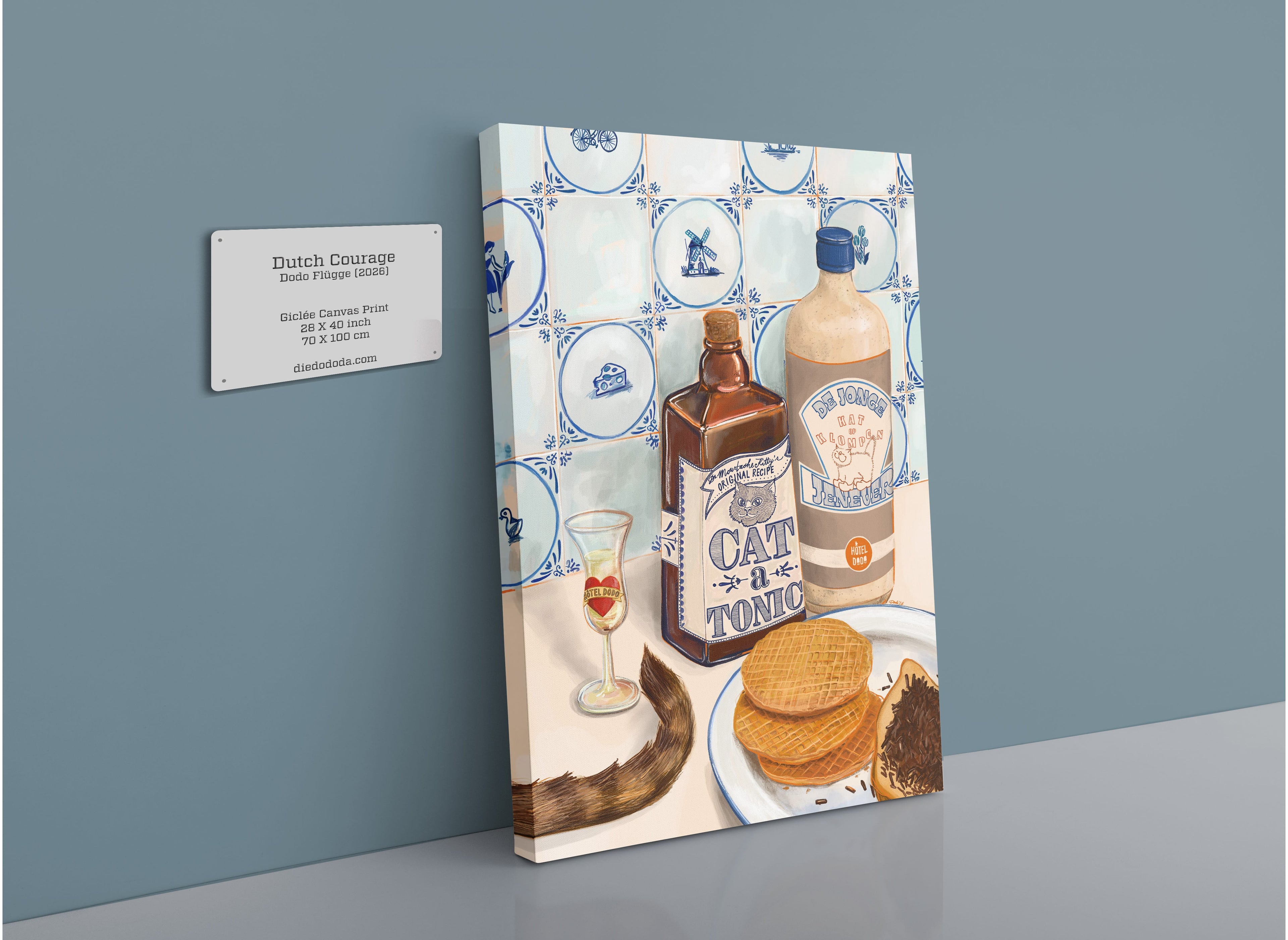 The Dutch Courage Giclée Canvas Print by Hôtel Dodo features bottles of Dutch gin, a glass, stroopwafels, and a plate arranged on a table with a blue and white tile backdrop reminiscent of classic Dutch design; the composition is labeled “Dutch Courage” on a wall plaque.