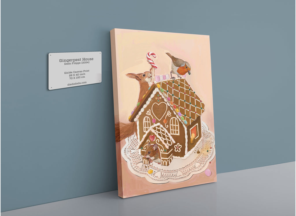 A Gingerpest House Giclée Canvas Print by Kitsch Kanaveral featuring animals is displayed on a teal wall with a label.