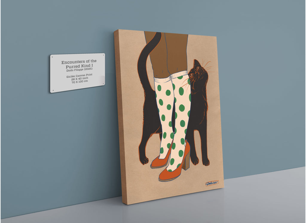 The "Encounters of the Purred Kind I" Matte Canvas Print by Beauty and the Beastie features a lucky black cat with a figure in green-dotted white knee-high socks and orange shoes, shown on a blue wall beside an informational plaque.