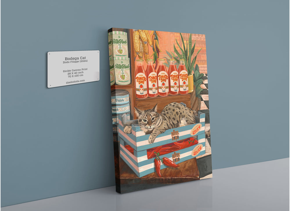 A Bodega Cat Giclée Canvas Print by Hôtel Dodo depicting an illustrated scene of a cat resting among grocery items on a shelf.
