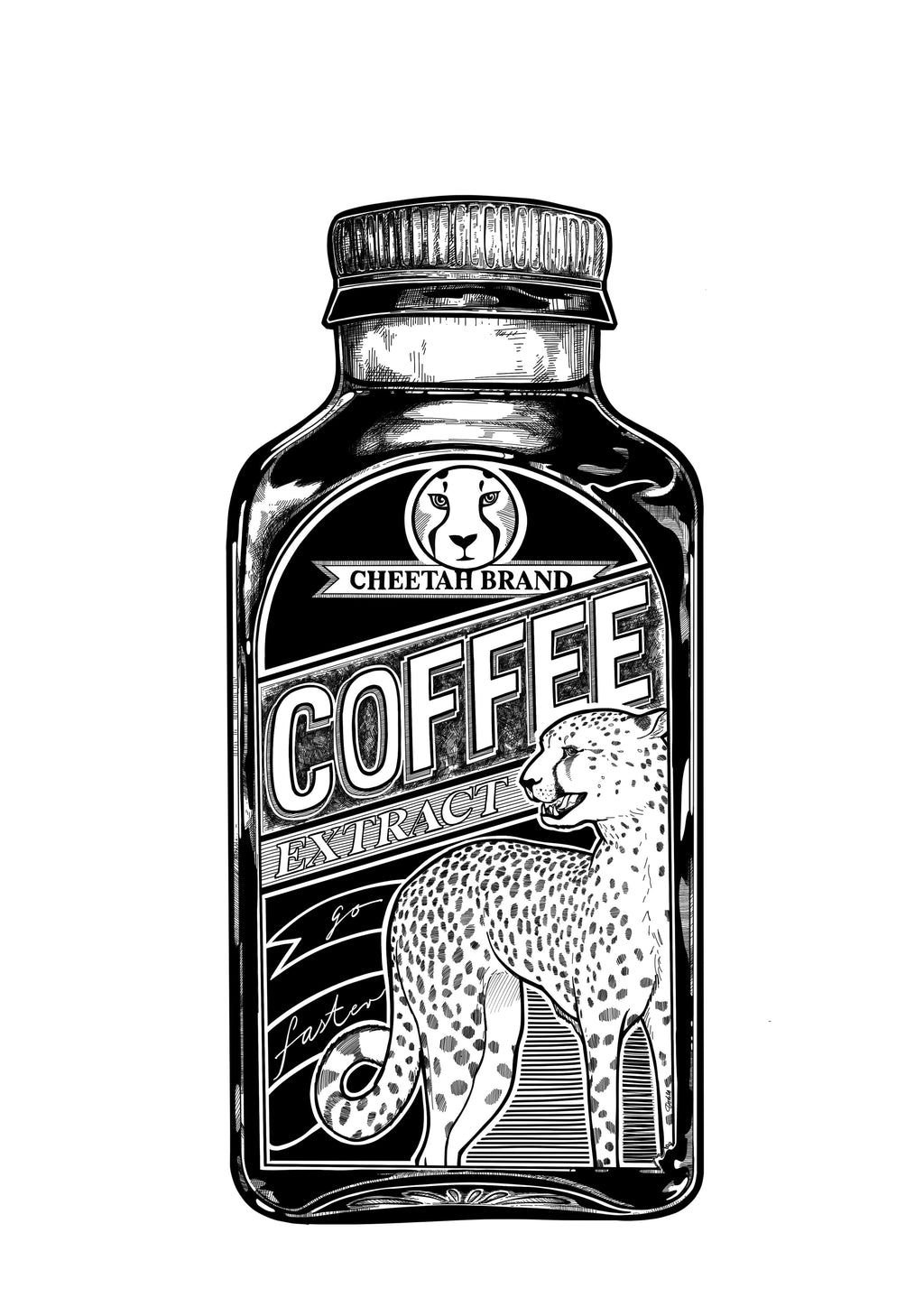 Black and white matte art print of a "Potion & Poison Bottles" Cheetah Coffee Extract bottle, featuring cheetah details and "so fast" on the label—ideal décor for coffee lovers seeking an energizing boost.