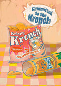 Illustration of two "Krispy Kronch" snacks with a playful cat mascot: spicy prawn cocktail chips and hot potato sticks. Text says "Committed to the Kronch snack experience." Giclée art print by Kitsch Kanaveral.
