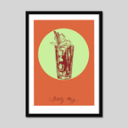 The Bloody Mary Framed Giclée Print by Cocktail Cavalcade features a vodka cocktail with celery on an orange and green background, labeled "Bloody Mary" and part of their signature cocktails series.