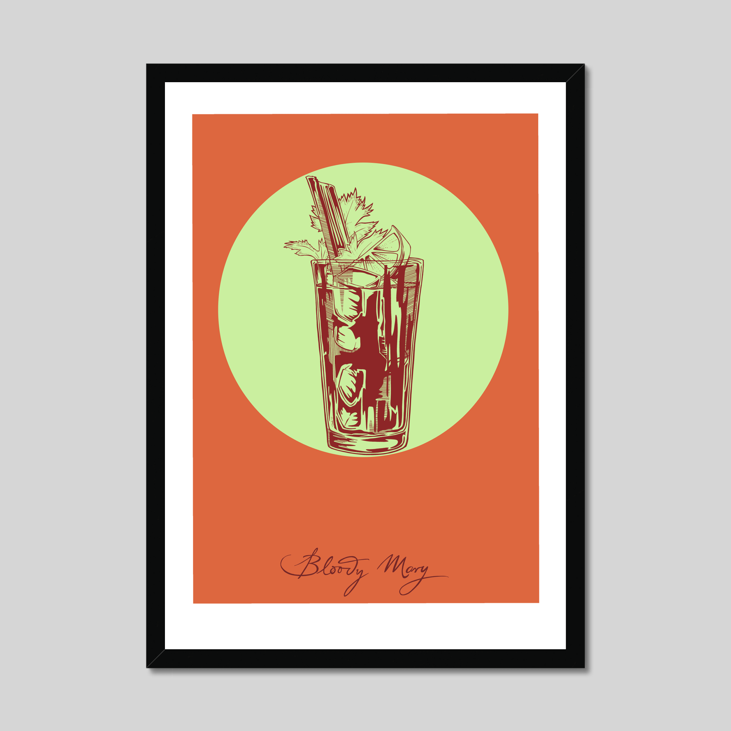 The Bloody Mary Framed Giclée Print by Cocktail Cavalcade features a vodka cocktail with celery on an orange and green background, labeled "Bloody Mary" and part of their signature cocktails series.