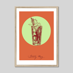 The Bloody Mary Framed Giclée Print by Cocktail Cavalcade showcases this classic cocktail with vodka and fresh garnishes on an orange and green background—a vibrant addition to any collection of signature drinks.