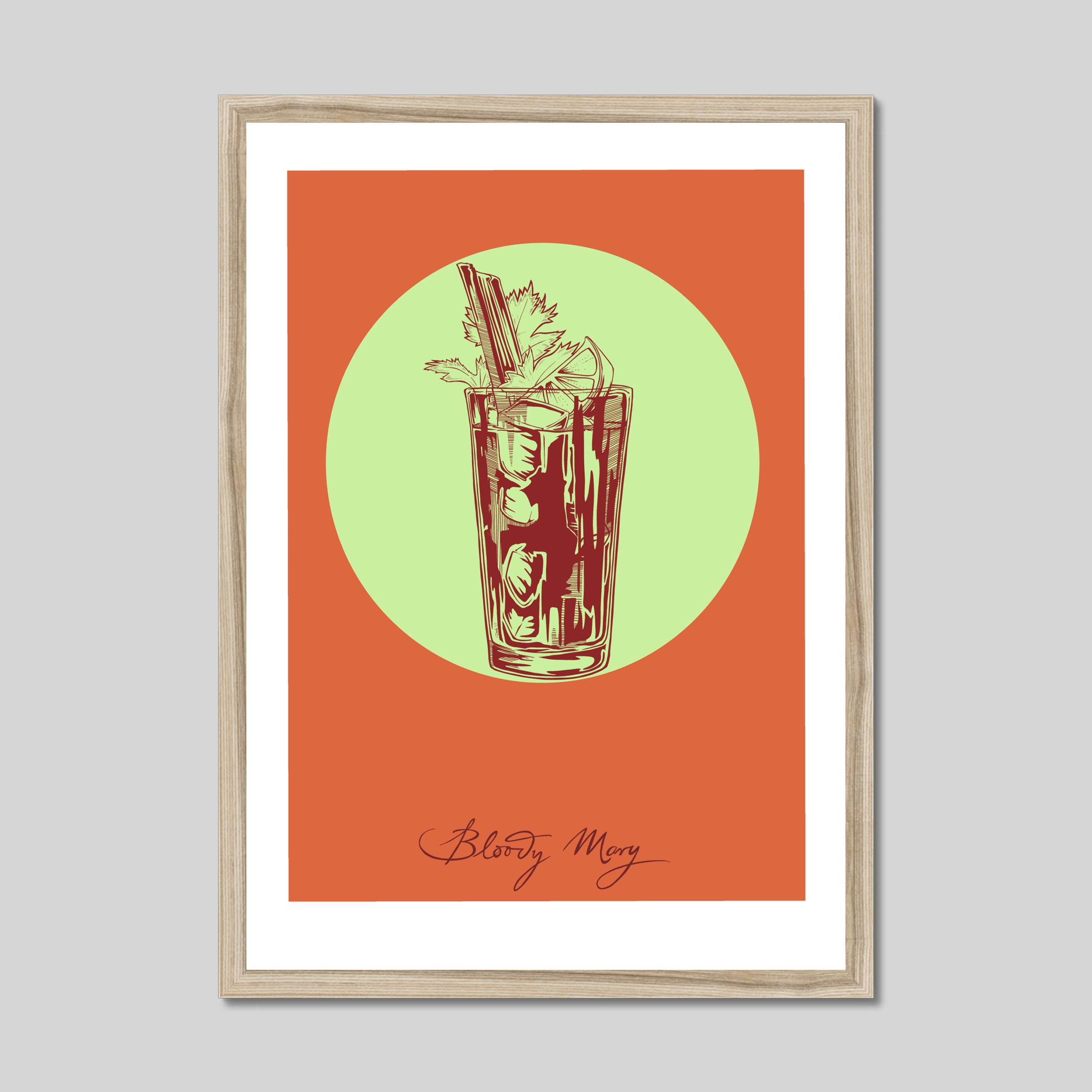The Bloody Mary Framed Giclée Print by Cocktail Cavalcade showcases this classic cocktail with vodka and fresh garnishes on an orange and green background—a vibrant addition to any collection of signature drinks.
