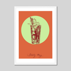 Bloody Mary Framed Giclée Print by Cocktail Cavalcade: features a Vodka Bloody Mary with celery garnish, set in a white frame against an orange and green backdrop—part of the signature cocktails collection.