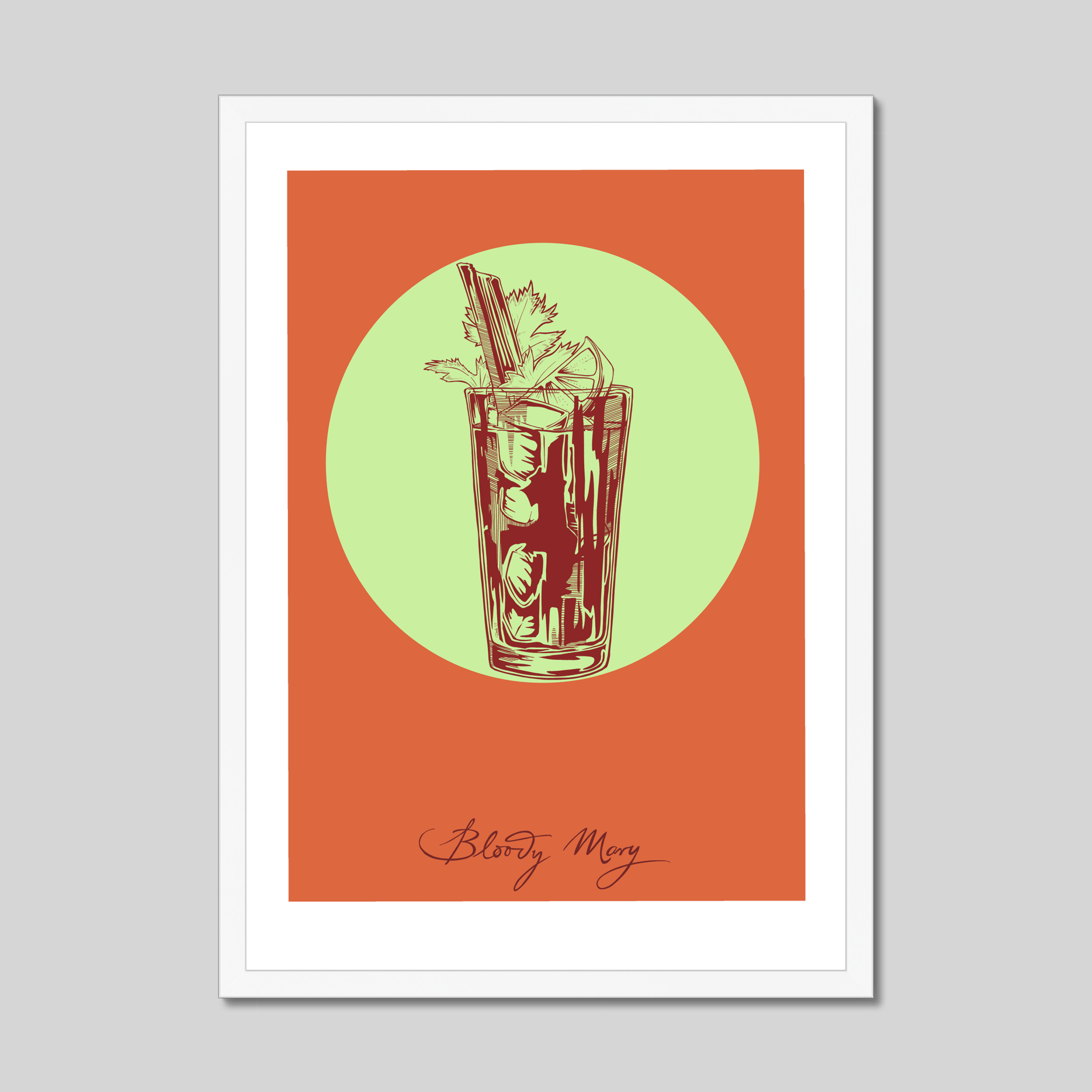 Bloody Mary Framed Giclée Print by Cocktail Cavalcade: features a Vodka Bloody Mary with celery garnish, set in a white frame against an orange and green backdrop—part of the signature cocktails collection.
